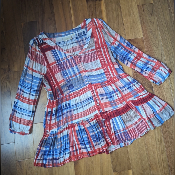 Anthropologie Maeve Lila Tiered Patchwork Ruffle Peplum Top Blouse Women Size L - Picture 2 of 12